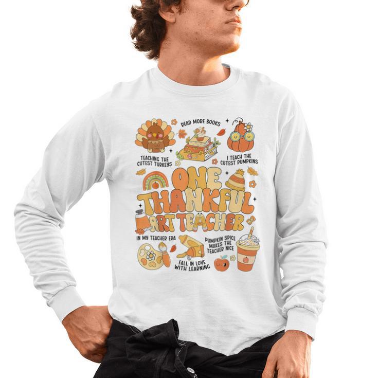 Thanksgiving One Thankful Art Teacher Fall Groovy Men Women Men's Long Sleeve T-Shirt