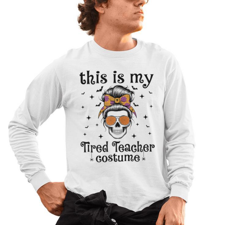 This Is My Tired Teacher Costume Skull Halloween Messy Bun Men's Long Sleeve T-Shirt