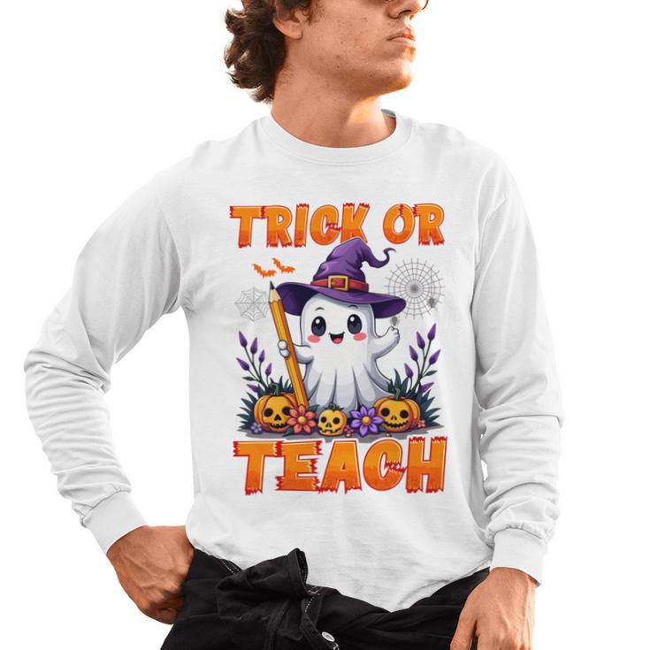 Trick Or Teach Teacher Halloween Ghost Pencil Floral Men's Long Sleeve T-Shirt
