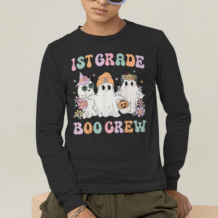 1st Grade Boo Crew Groovy Halloween Floral Ghost Kid Teacher Men's Long Sleeve T-Shirt, funny gift
