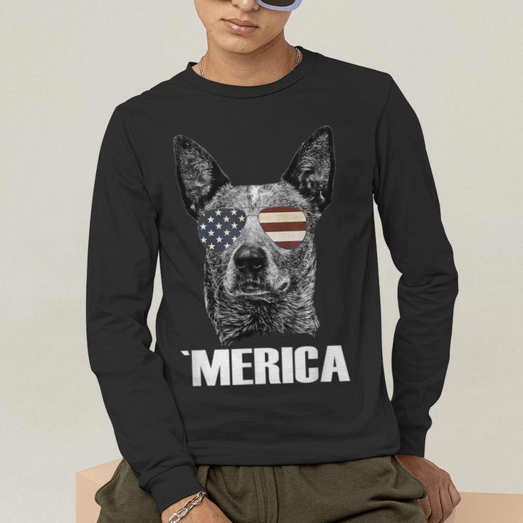 4th July Blue Heeler Dog Merica Patriotic USA Flag Cute Men's Long Sleeve T-Shirt, funny gift