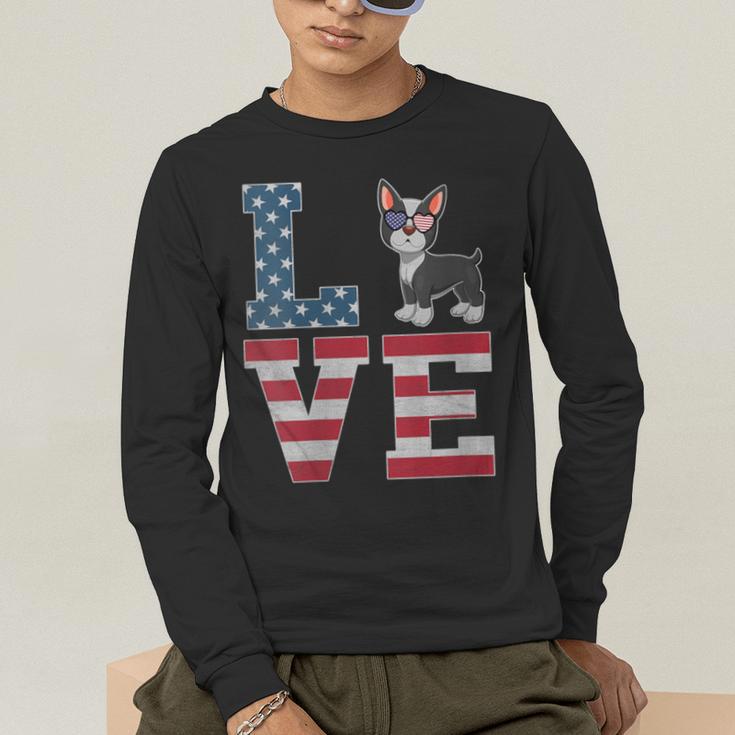 4th Of July Decor Patriotic LOVE Boston Terrier USA Flag Men's Long Sleeve T-Shirt, funny gift