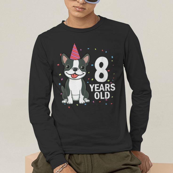 8 Years Old Birthday Boston Terrier Dog Lover 8th Party Kid Men's Long Sleeve T-Shirt, funny gift