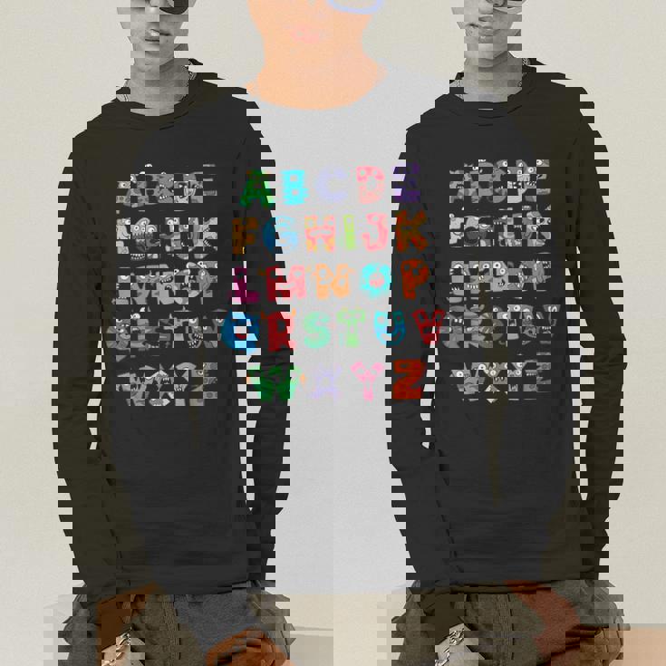 ABC Cute Monster Alphabet Halloween Teacher Costume Kids Men&#x27;s Long Sleeve T-Shirt, funny gift