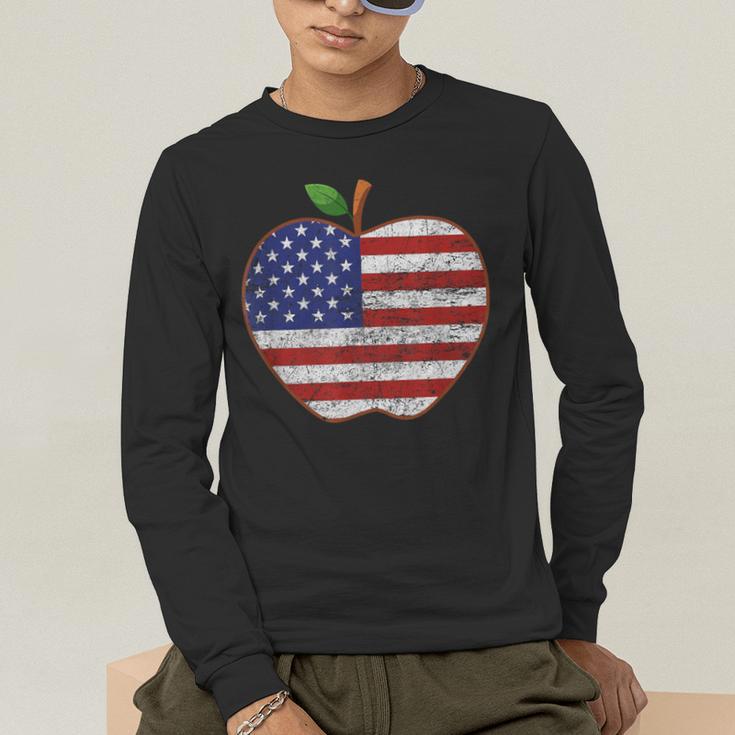 American Flag Teachers Students Apple 4th Of July Vintage Men's Long Sleeve T-Shirt, funny gift American Flag Teachers Students Apple 4th Of July Vintage Men's Long Sleeve T-Shirt, funny gift