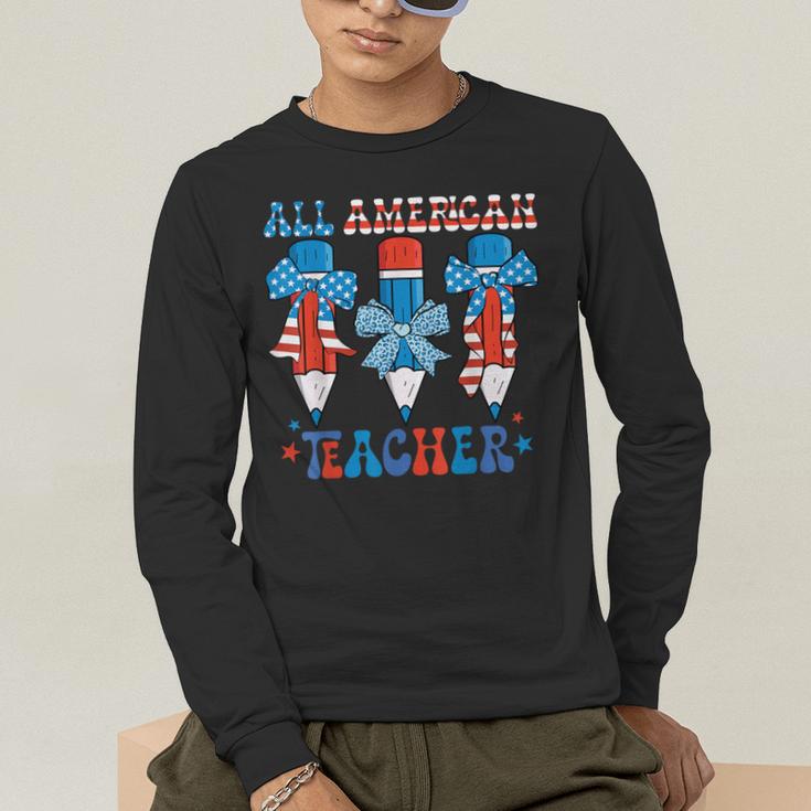 All American Teacher Pencil Coquette Bow USA Flag Teachers Men's Long Sleeve T-Shirt, funny gift All American Teacher Pencil Coquette Bow USA Flag Teachers Men's Long Sleeve T-Shirt, funny gift