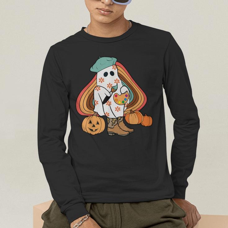 Art Teacher Painting Brushes Retro Pumpkin Ghost Artist Men's Long Sleeve T-Shirt, funny gift Art Teacher Painting Brushes Retro Pumpkin Ghost Artist Men's Long Sleeve T-Shirt, funny gift