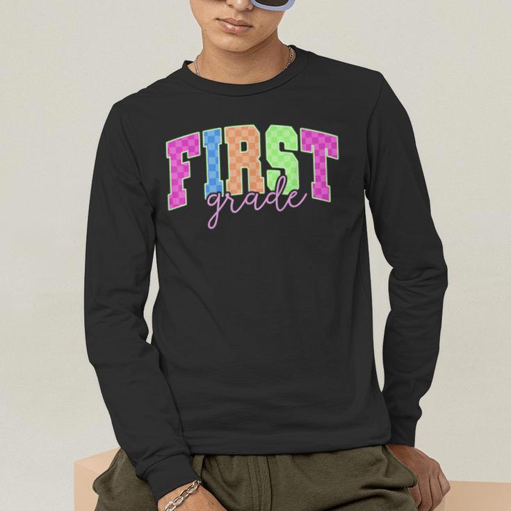 Back To School Neon Checkered First Grade Colorful Teacher Men's Long Sleeve T-Shirt, funny gift Back To School Neon Checkered First Grade Colorful Teacher Men's Long Sleeve T-Shirt, funny gift