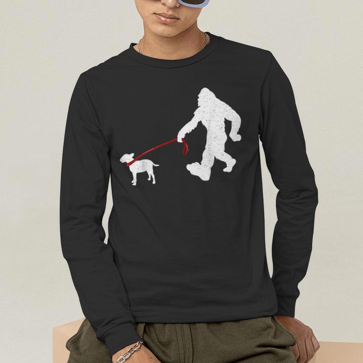 Bigfoot Walking With Bull Terrier Dog Men's Long Sleeve T-Shirt, funny gift