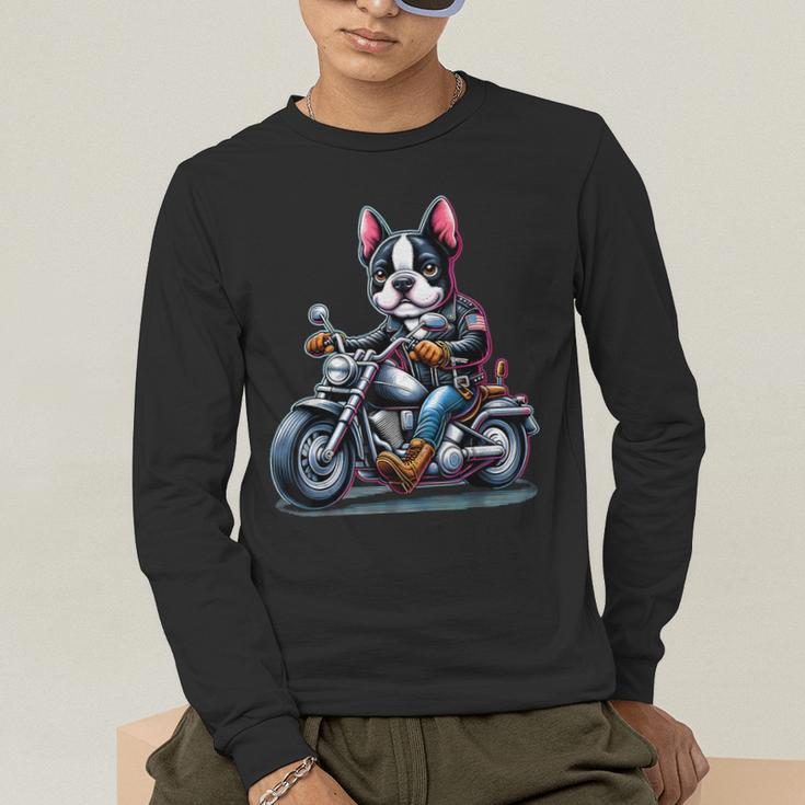 Biker Boston Terrier Dog Riding Motorbike Men's Long Sleeve T-Shirt, funny gift