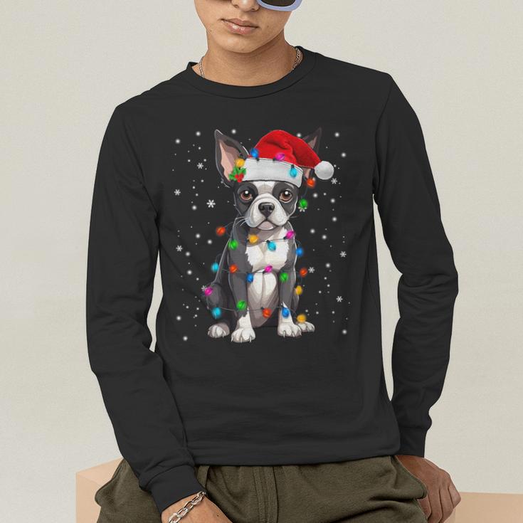 Boston Terrier Christmas Santa Hat Tree Lights Pajama Men's Long Sleeve T-Shirt, funny gift