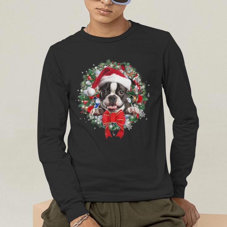 Boston Terrier Christmas Wreath Decoration Xmas Pajamas Men's Long Sleeve T-Shirt, funny gift