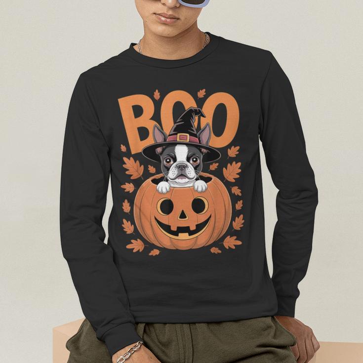 Boston Terrier Costume On Pumpkin Halloween Boston Terrier Men's Long Sleeve T-Shirt, funny gift