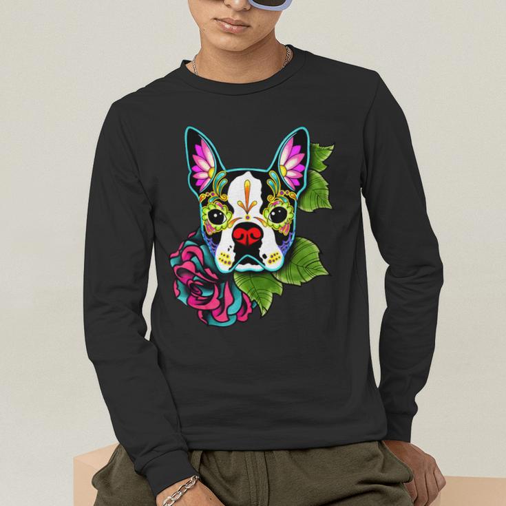 Boston Terrier In Day Of The Dead Sugar Skull Dog Men's Long Sleeve T-Shirt, funny gift