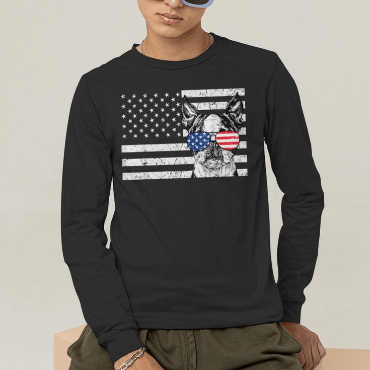 Boston Terrier Dog 4th Of July US American Flag Patriotic Men's Long Sleeve T-Shirt, funny gift