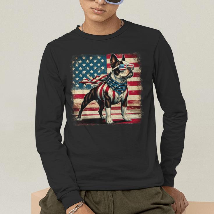 Boston Terrier Dog 4th Of July USA American Flag Patriotic Men's Long Sleeve T-Shirt, funny gift