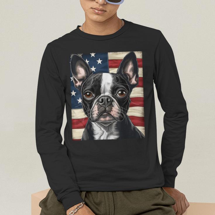 Boston Terrier Dog American Flag 4th Of July Patriotic Puppy Men's Long Sleeve T-Shirt, funny gift