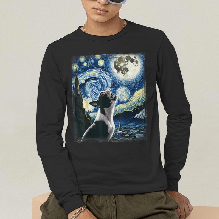 Boston Terrier Dog Art Van Gogh Starry Night Boston Terrier Men's Long Sleeve T-Shirt, funny gift