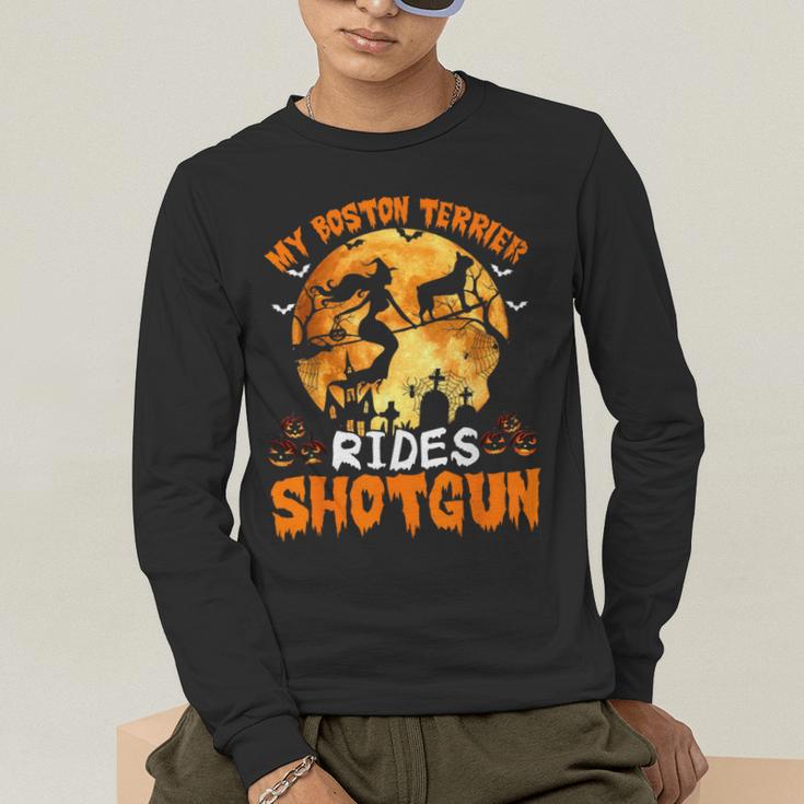 My Boston Terrier Dog Rides Shotgun Witch Halloween Men Women Men's Long Sleeve T-Shirt, funny gift