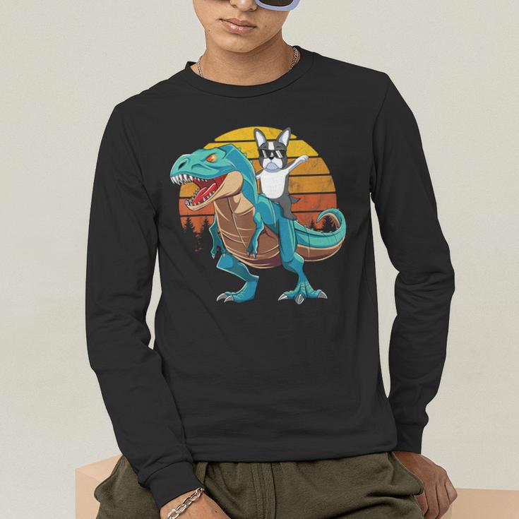 Boston Terrier Dog Riding Dinosaur T Rex Boys Men's Long Sleeve T-Shirt, funny gift