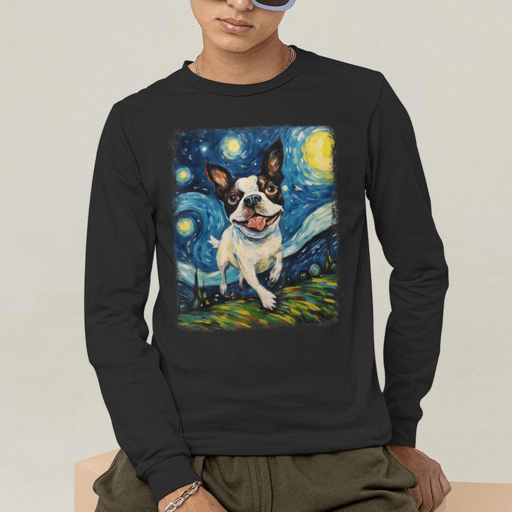 Boston Terrier Dog Starry Night Painting Men's Long Sleeve T-Shirt, funny gift