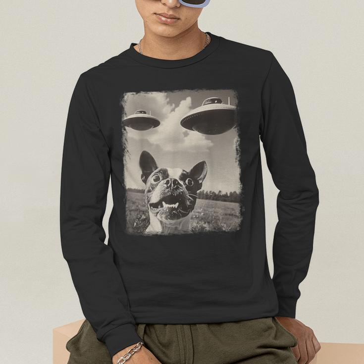 Boston Terrier Dog UFO Alien Extraterrestrial Selfie Men's Long Sleeve T-Shirt, funny gift
