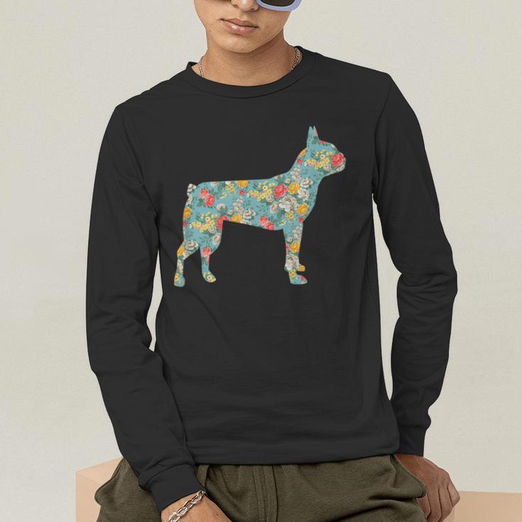 Boston Terrier Flower Silhouette Floral Dog Men Women Girls Kids Men's Long Sleeve T-Shirt, funny gift