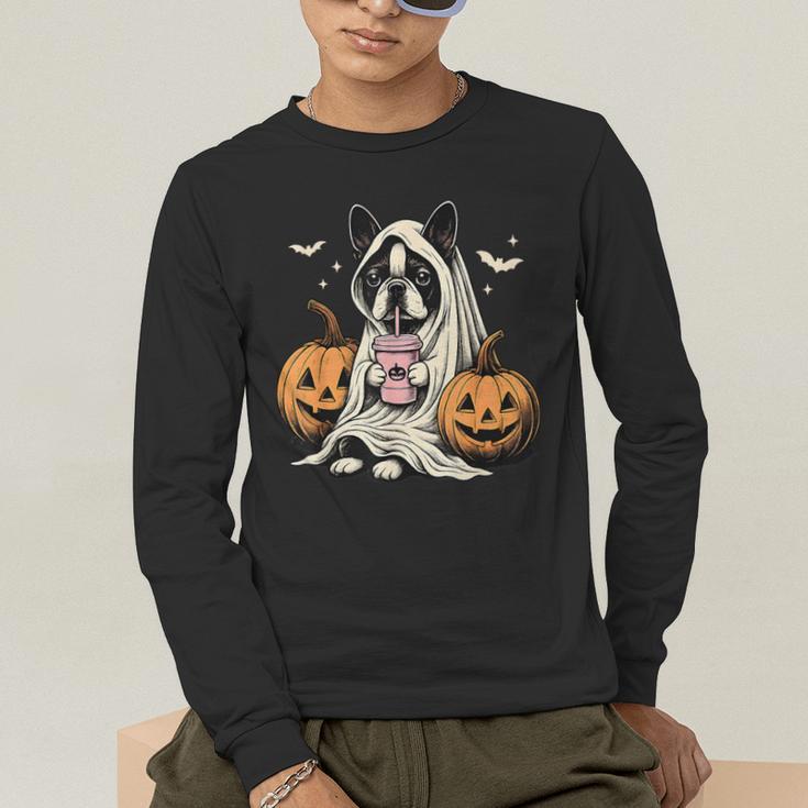 Boston Terrier Ghost Boo Halloween Costume Spooky Season Men's Long Sleeve T-Shirt, funny gift