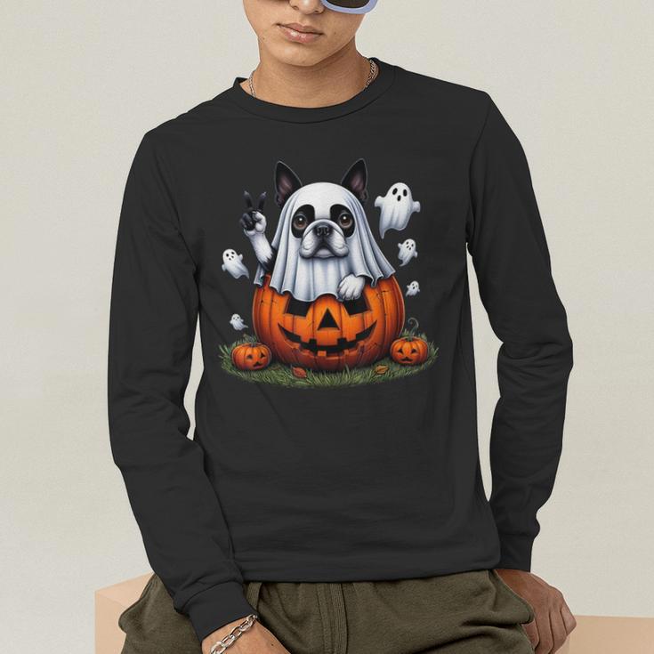 Boston Terrier Ghost Boo Halloween Kids Men's Long Sleeve T-Shirt, funny gift