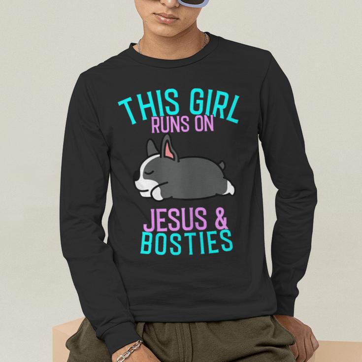 Boston Terrier This Girl Runs On Jesus And Boston Terriers Men's Long Sleeve T-Shirt, funny gift