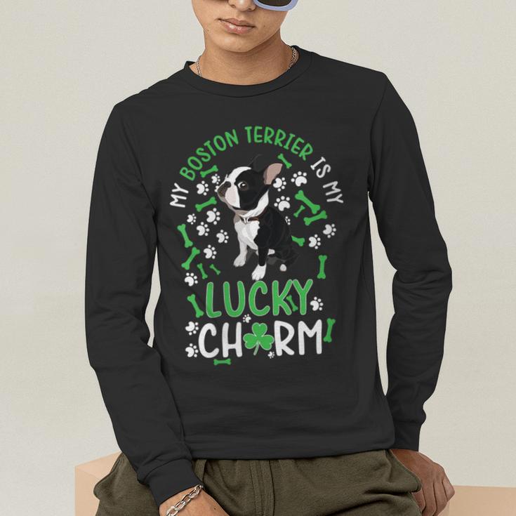 My Boston Terrier Is My Lucky Charm Paw Dog St Patrick's Day Men's Long Sleeve T-Shirt, funny gift
