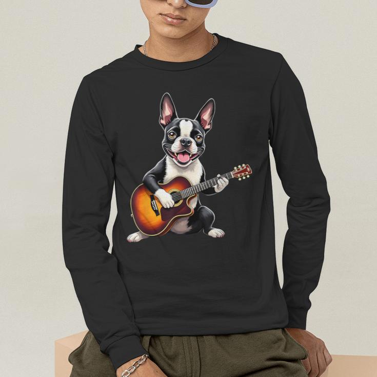 Boston Terrier Playing Guitar Boston Terrier Men's Long Sleeve T-Shirt, funny gift