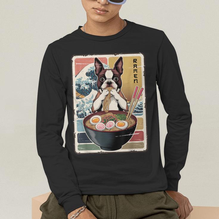 Boston Terrier Ramen Noodles Japanese Art Retro Ocean Waves Men's Long Sleeve T-Shirt, funny gift