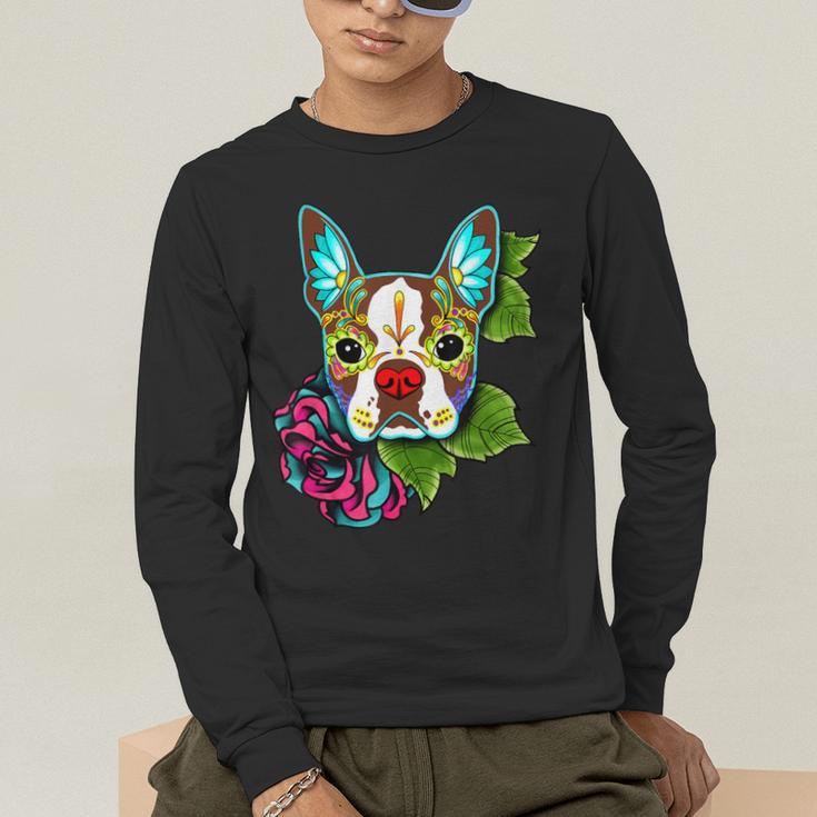 Boston Terrier In Red Day Of The Dead Sugar Skull Dog Men's Long Sleeve T-Shirt, funny gift