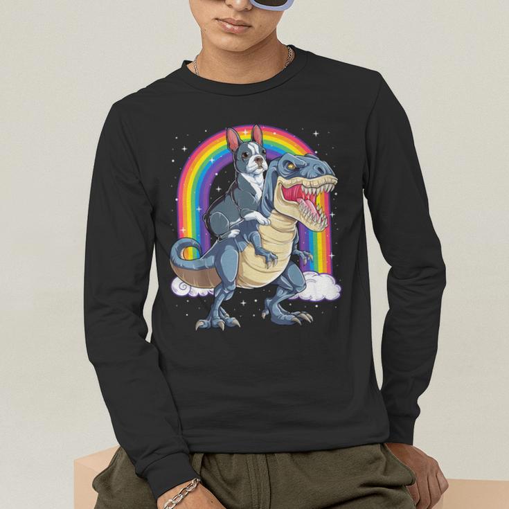 Boston Terrier Riding Dinosaur T-Rex Boys Kids Rainbow Men's Long Sleeve T-Shirt, funny gift