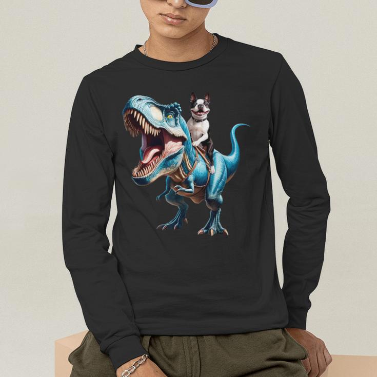 Boston Terrier Riding T-Rex Dinosaur Dog Lover Men's Long Sleeve T-Shirt, funny gift