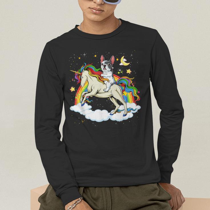 Boston Terrier Riding Unicorn Boys Girls Kids Rainbow Men's Long Sleeve T-Shirt, funny gift