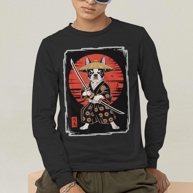 Boston Terrier Samurai Ninja Vintage Anime Japanese Ukiyo-e Men's Long Sleeve T-Shirt, funny gift