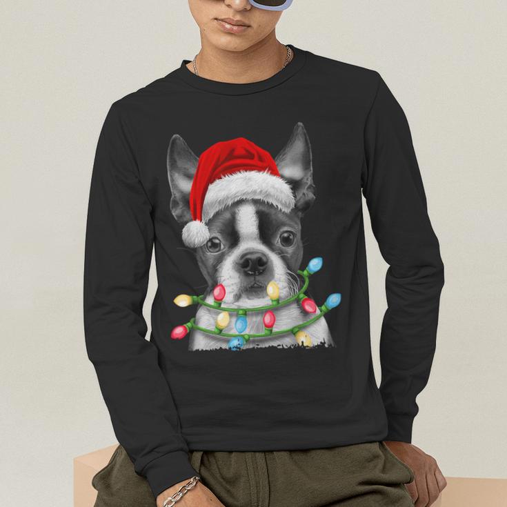 Boston Terrier Santa Christmas Tree Lights Xmas Boys Men Dog Men's Long Sleeve T-Shirt, funny gift