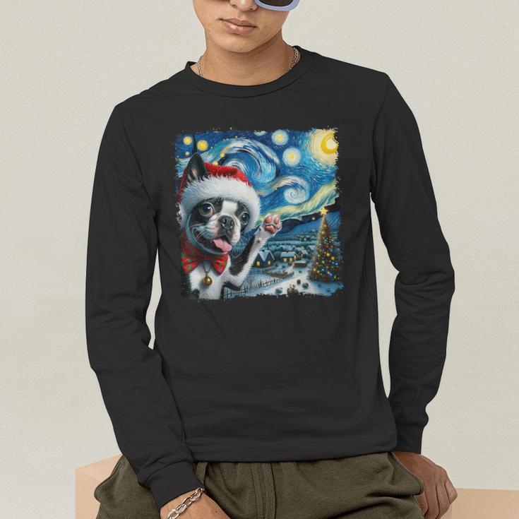 Boston Terrier Santa Starry Night Van Gogh Christmas Dog Men Women Kids Men's Long Sleeve T-Shirt, funny gift