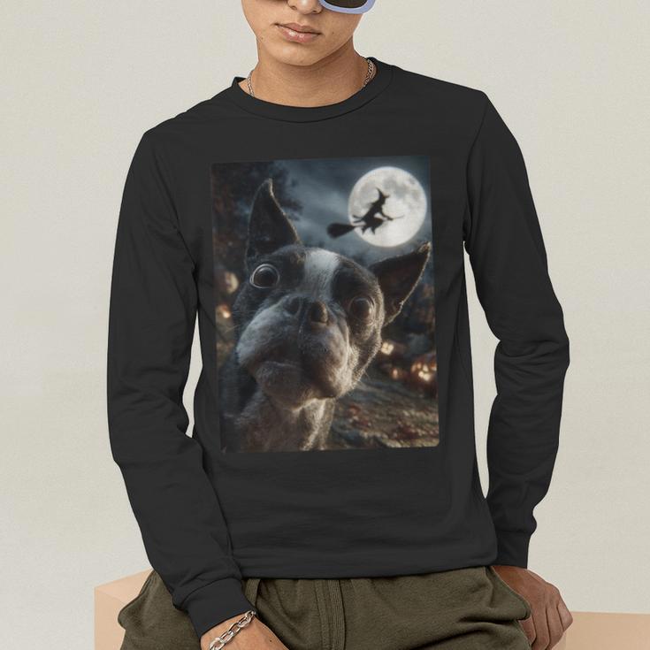 Boston Terrier Selfie Full Moon Flying Witch Halloween Dog Men's Long Sleeve T-Shirt, funny gift
