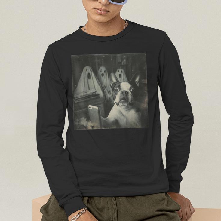 Boston Terrier Selfie With Ghosts Halloween Dog Lover Men's Long Sleeve T-Shirt, funny gift