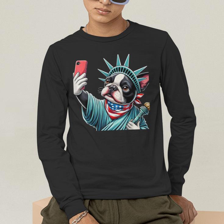 Boston Terrier Selfie Statue Of Liberty 4th Of July American Men's Long Sleeve T-Shirt, funny gift