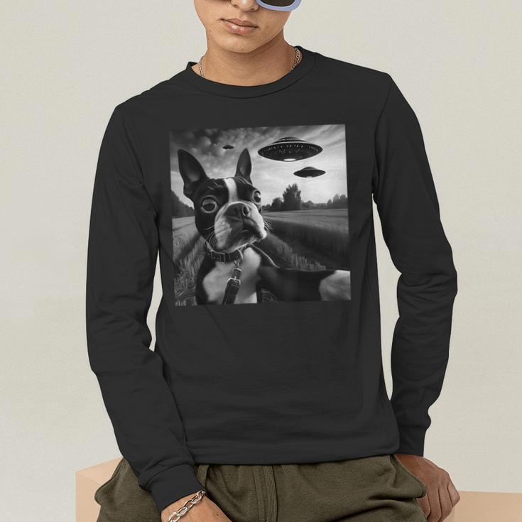 Boston Terrier Graphic Selfie With UFOs Weird Aliens Men's Long Sleeve T-Shirt, funny gift