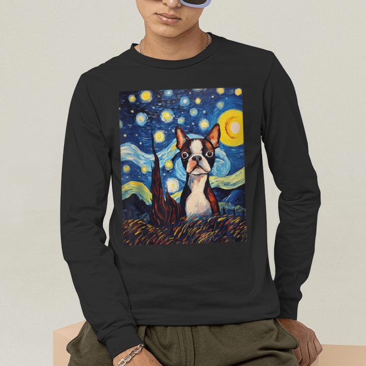 Boston Terrier Starry Night Van Gogh Art Men's Long Sleeve T-Shirt, funny gift
