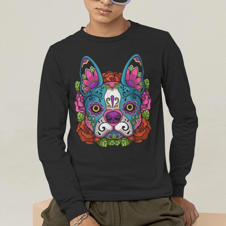 Boston Terrier Sugar Skull Dog Day Of The Dead Men's Long Sleeve T-Shirt, funny gift