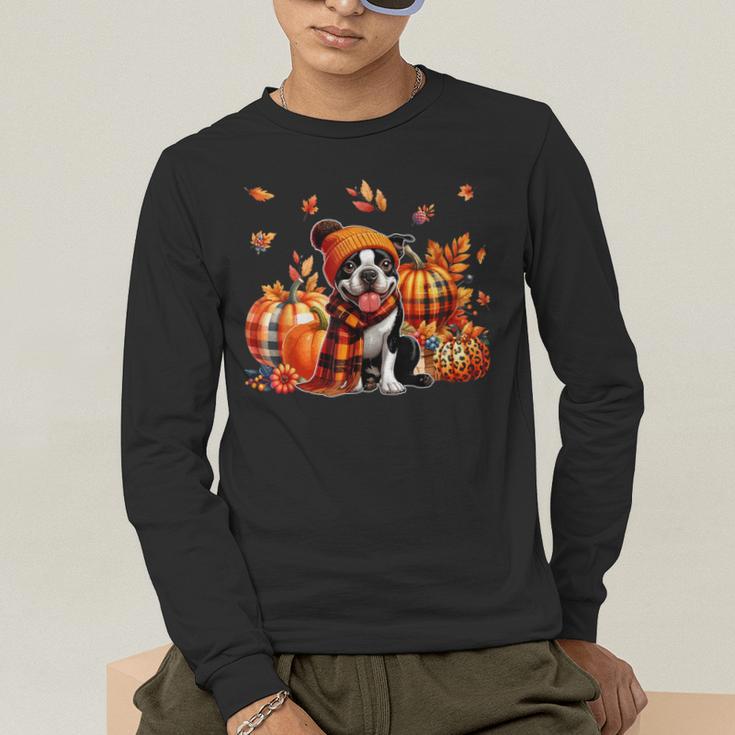 Boston Terrier Thanksgiving Leopard Pumpkins Fall Leaves Men's Long Sleeve T-Shirt, funny gift