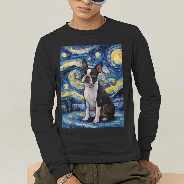 Boston Terrier Van Gogh Starry Night Men's Long Sleeve T-Shirt, funny gift