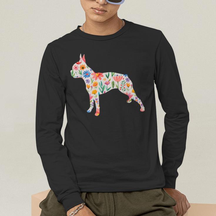 Boston Terrier Watercolor Flowers Men's Long Sleeve T-Shirt, funny gift