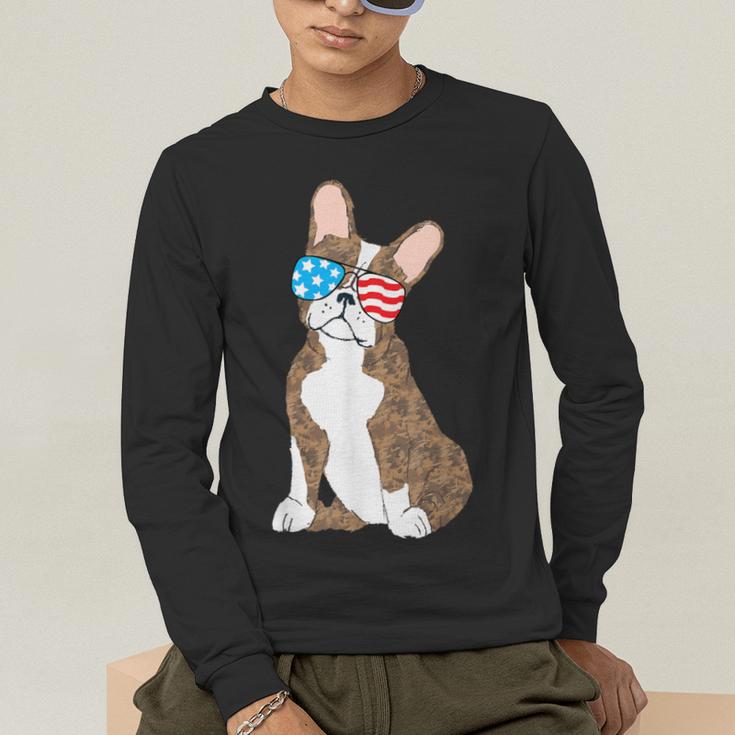 Brindle Boston Terrier Dog Patriotic Shirt USA Flag Men's Long Sleeve T-Shirt, funny gift